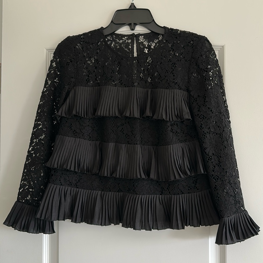 J.Crew lace top with pleats, size 2P, black color